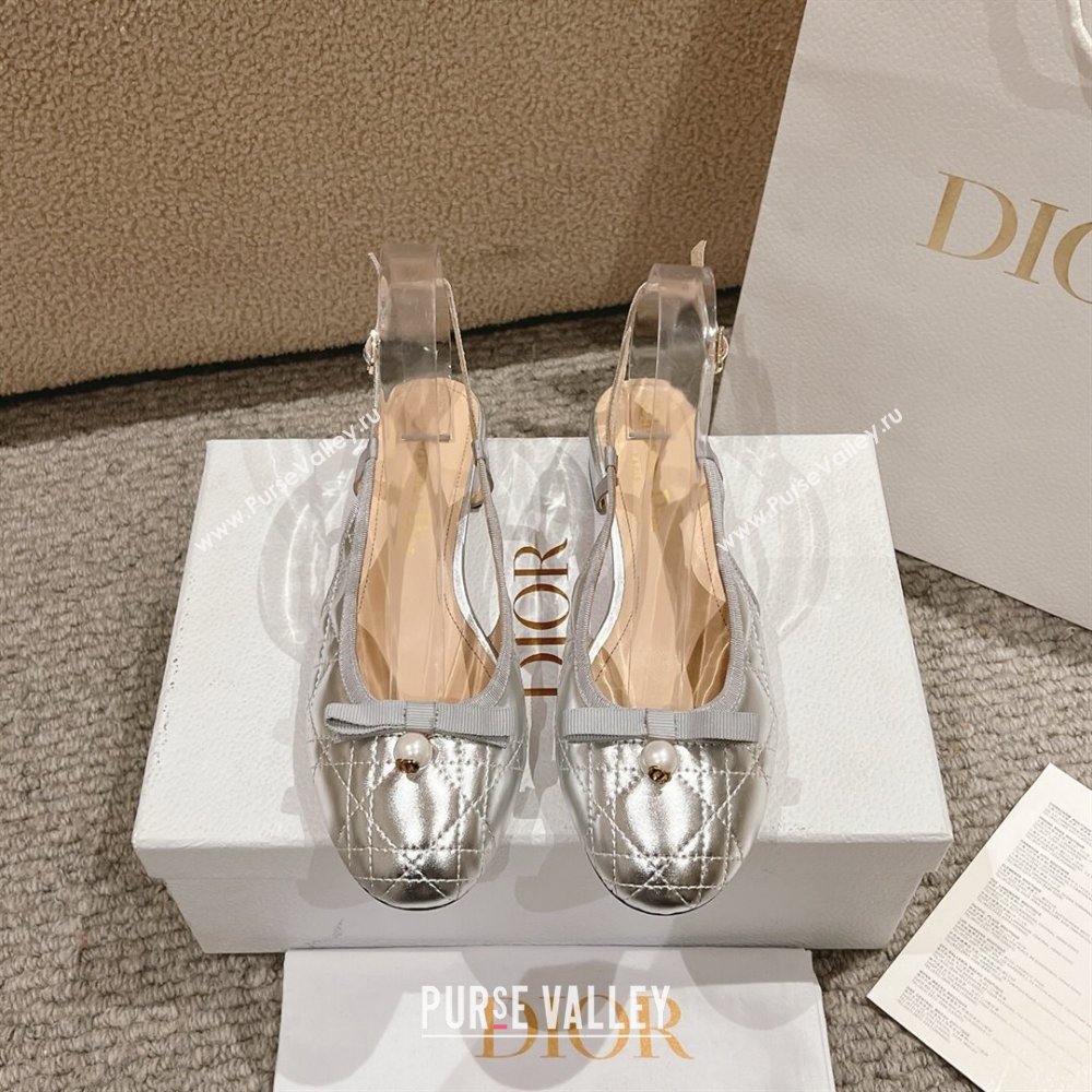 Dior Ballet Slingback Pumps 3cm in Quilted Cannage Calfskin with Pearl Bow Silver 2025 (MD-250822019)
