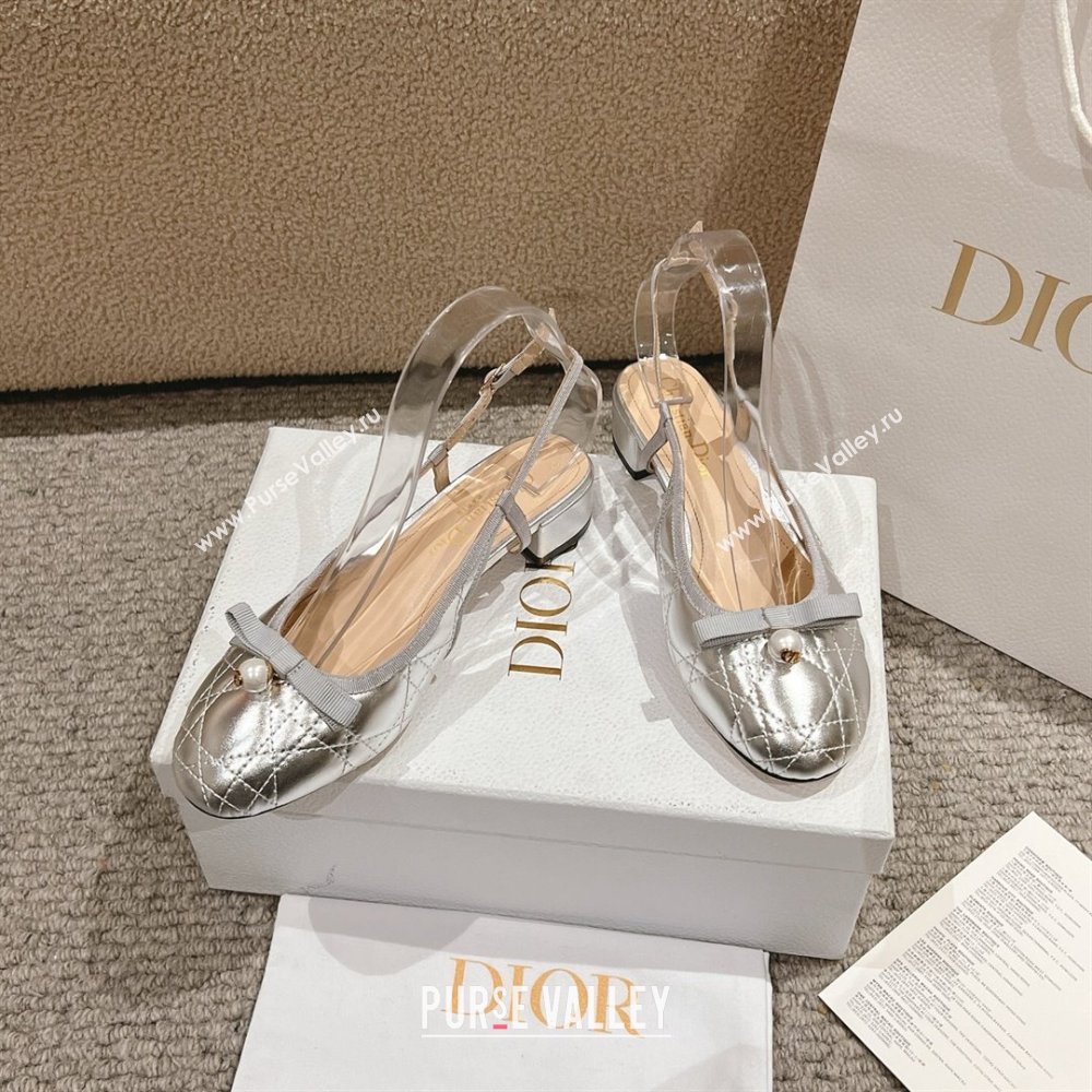 Dior Ballet Slingback Pumps 3cm in Quilted Cannage Calfskin with Pearl Bow Silver 2025 (MD-250822019)