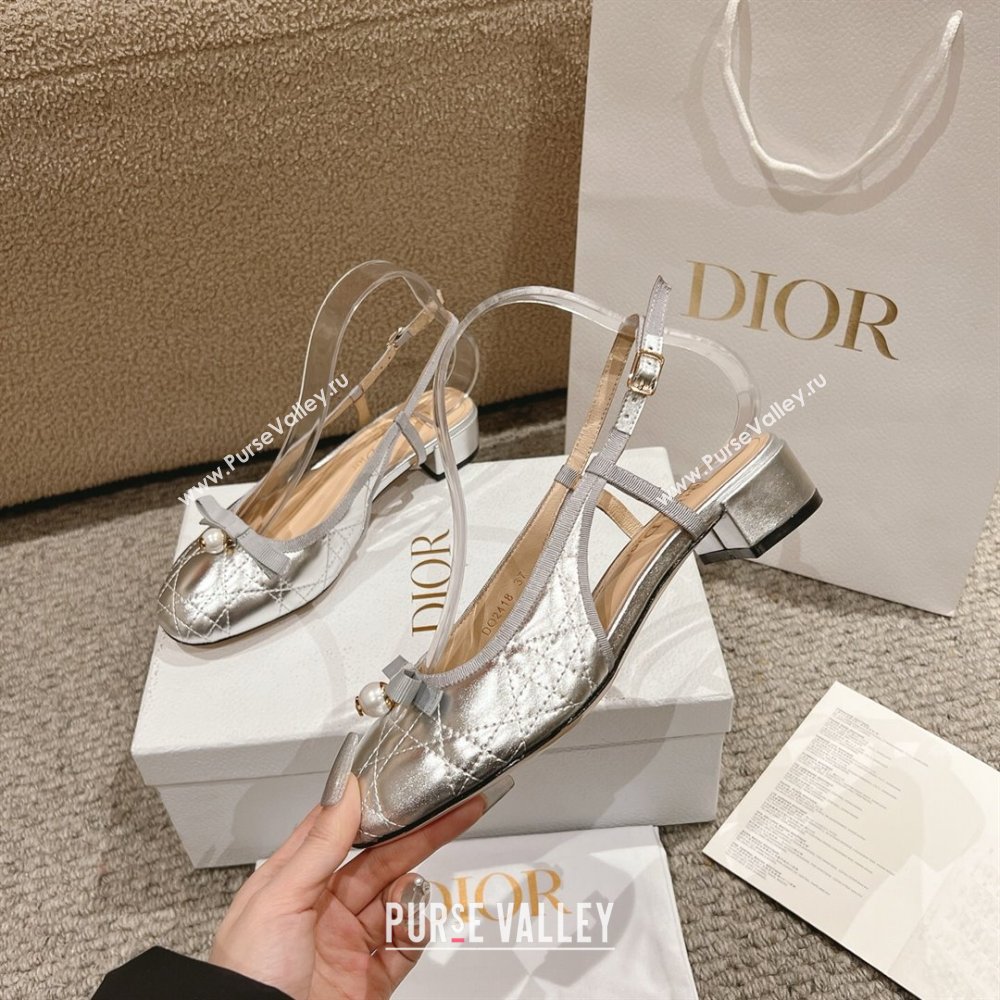 Dior Ballet Slingback Pumps 3cm in Quilted Cannage Calfskin with Pearl Bow Silver 2025 (MD-250822019)