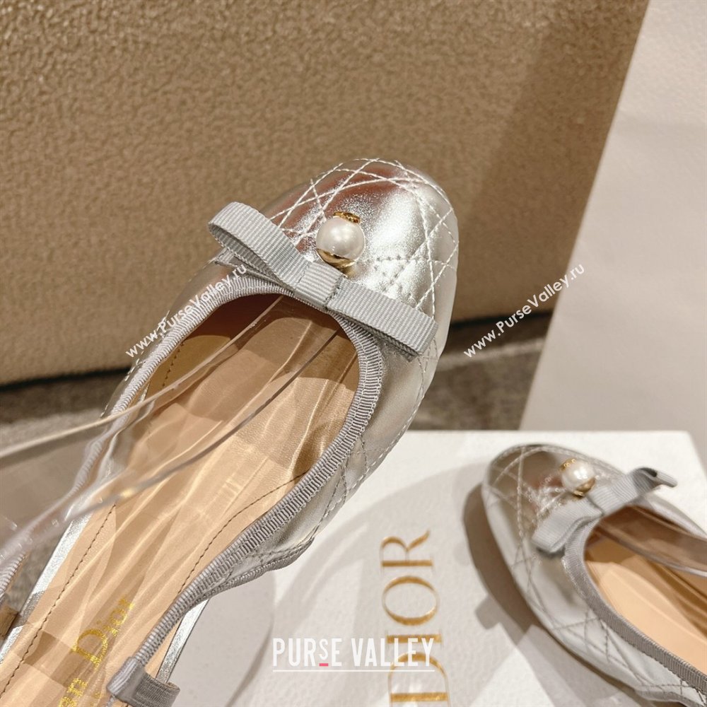 Dior Ballet Slingback Pumps 3cm in Quilted Cannage Calfskin with Pearl Bow Silver 2025 (MD-250822019)