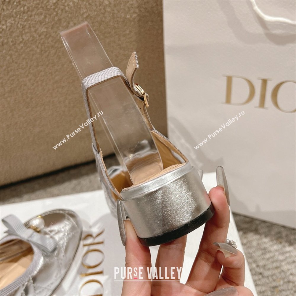Dior Ballet Slingback Pumps 3cm in Quilted Cannage Calfskin with Pearl Bow Silver 2025 (MD-250822019)