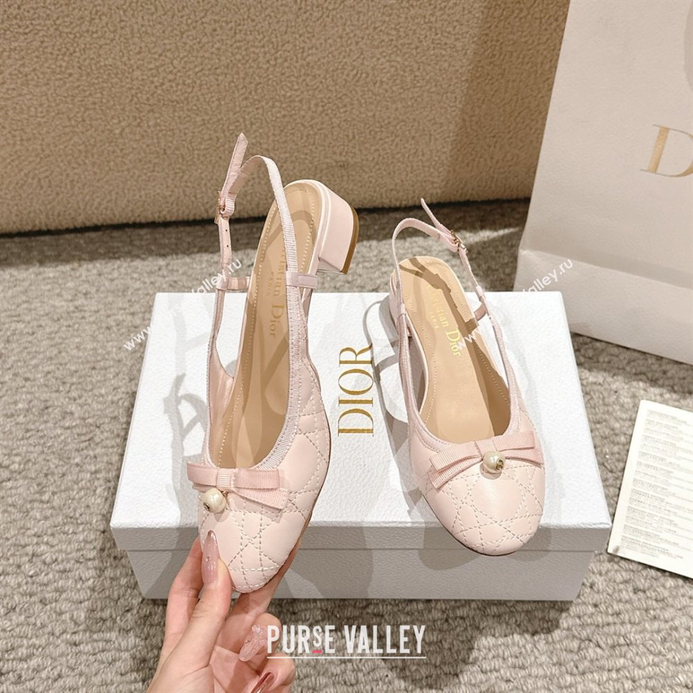 Dior Ballet Slingback Pumps 3cm in Quilted Cannage Calfskin with Pearl Bow Light Pink 2025 (MD-250822020)