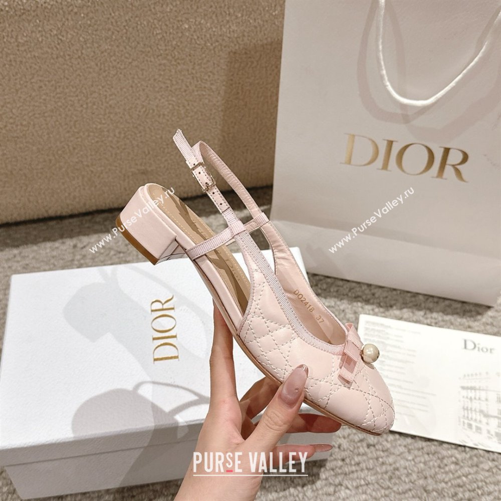 Dior Ballet Slingback Pumps 3cm in Quilted Cannage Calfskin with Pearl Bow Light Pink 2025 (MD-250822020)
