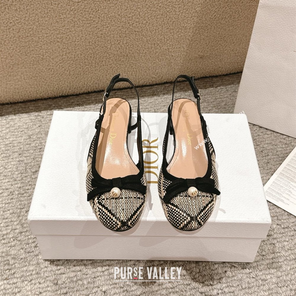 Dior Ballet Slingback Pumps 3cm in Raffia Straw Like with Pearl Bow Beige/Black 2025 (MD-250822021)