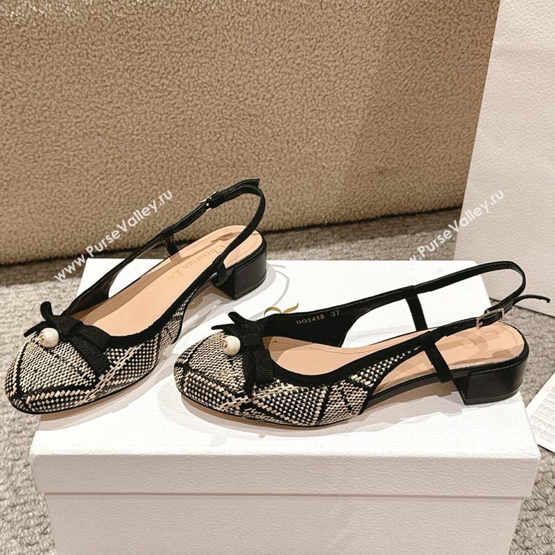 Dior Ballet Slingback Pumps 3cm in Raffia Straw Like with Pearl Bow Beige/Black 2025 (MD-250822021)