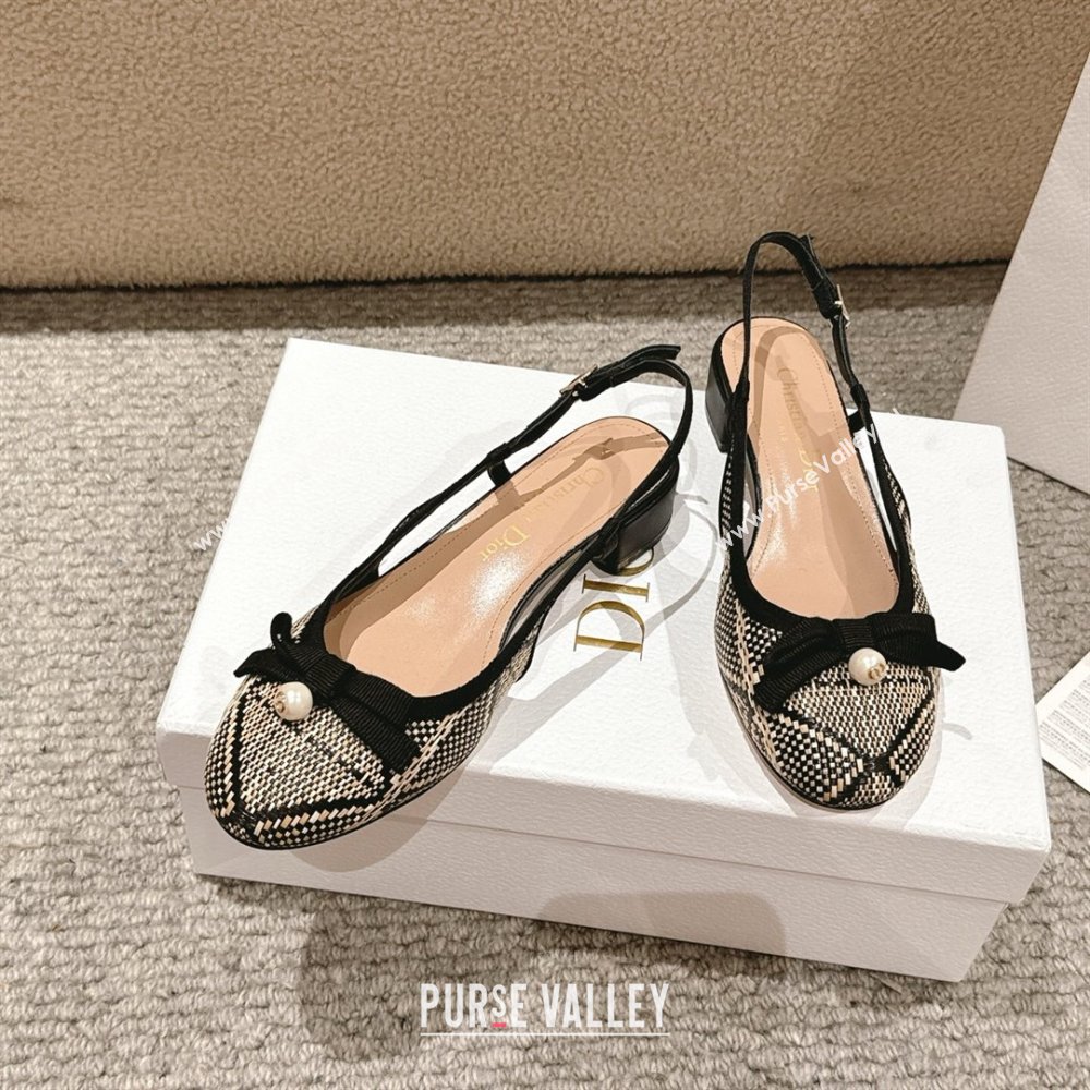 Dior Ballet Slingback Pumps 3cm in Raffia Straw Like with Pearl Bow Beige/Black 2025 (MD-250822021)