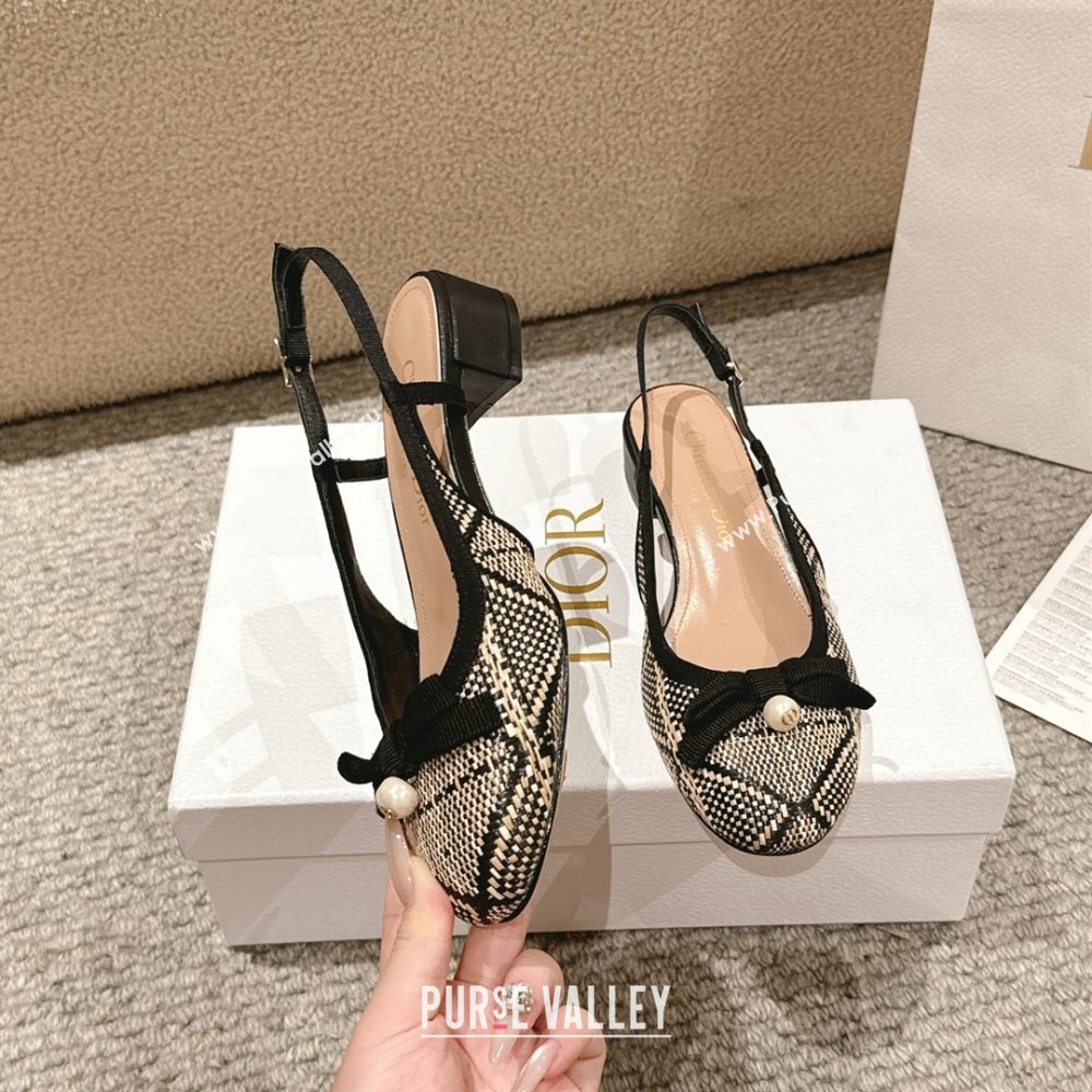 Dior Ballet Slingback Pumps 3cm in Raffia Straw Like with Pearl Bow Beige/Black 2025 (MD-250822021)