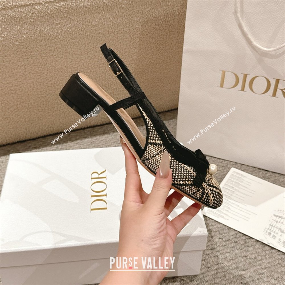 Dior Ballet Slingback Pumps 3cm in Raffia Straw Like with Pearl Bow Beige/Black 2025 (MD-250822021)