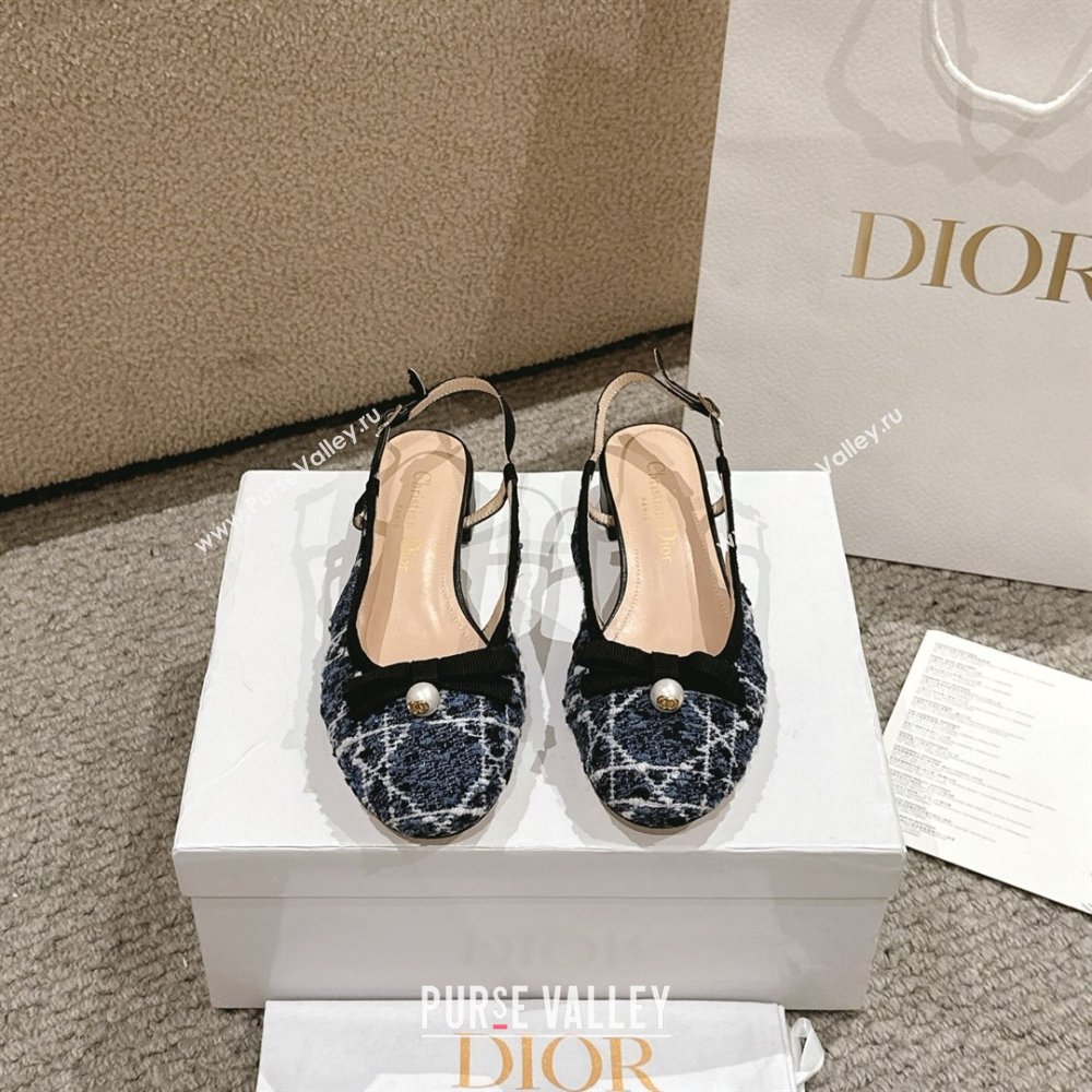 Dior Ballet Slingback Pumps 3cm in Quilted Cannage Tweed with Pearl Bow Blue 2025 (MD-250822022)