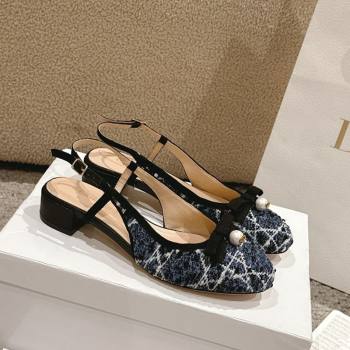 Dior Ballet Slingback Pumps 3cm in Quilted Cannage Tweed with Pearl Bow Blue 2025 (MD-250822022)