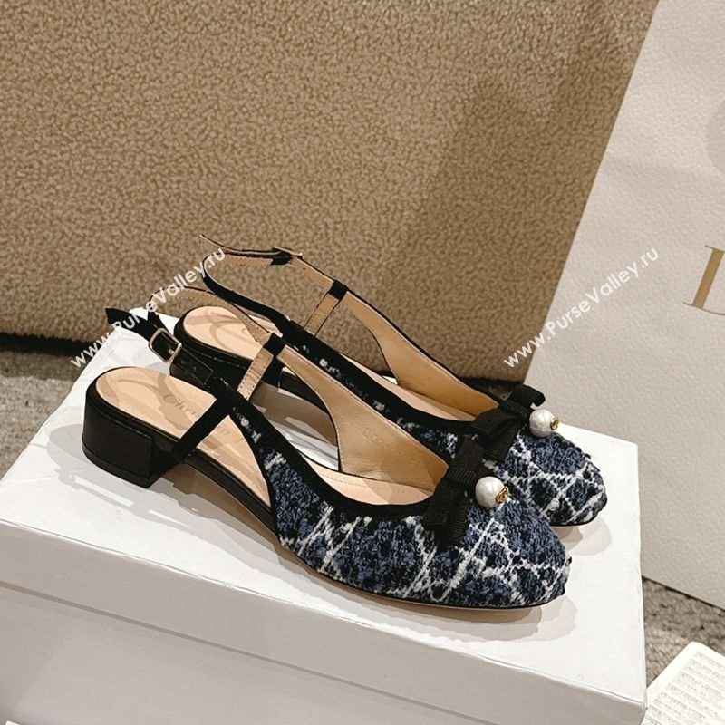 Dior Ballet Slingback Pumps 3cm in Quilted Cannage Tweed with Pearl Bow Blue 2025 (MD-250822022)