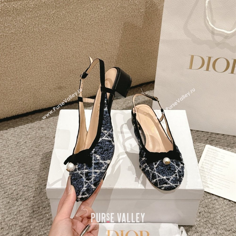 Dior Ballet Slingback Pumps 3cm in Quilted Cannage Tweed with Pearl Bow Blue 2025 (MD-250822022)