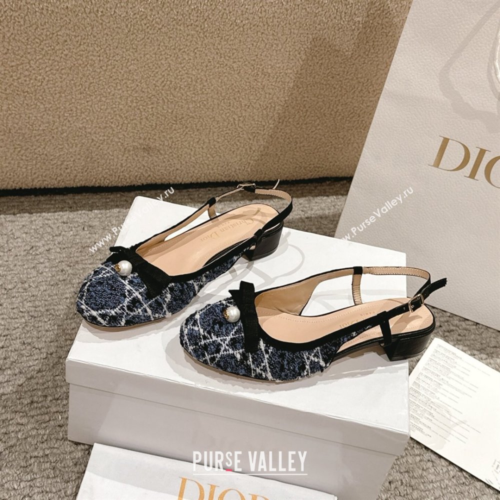 Dior Ballet Slingback Pumps 3cm in Quilted Cannage Tweed with Pearl Bow Blue 2025 (MD-250822022)