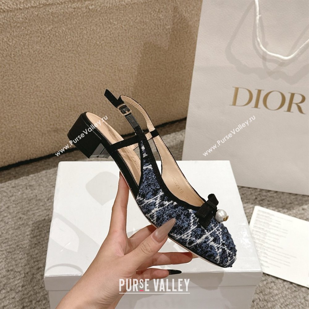 Dior Ballet Slingback Pumps 3cm in Quilted Cannage Tweed with Pearl Bow Blue 2025 (MD-250822022)