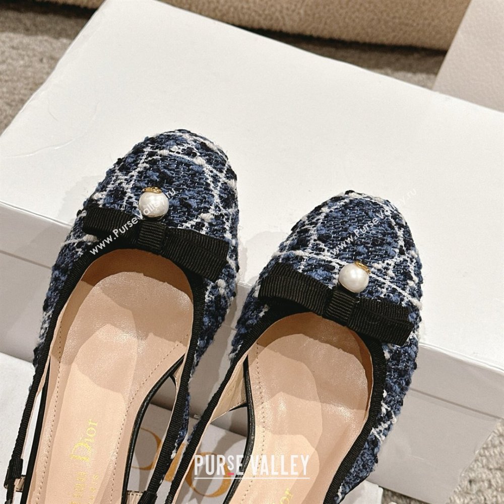 Dior Ballet Slingback Pumps 3cm in Quilted Cannage Tweed with Pearl Bow Blue 2025 (MD-250822022)