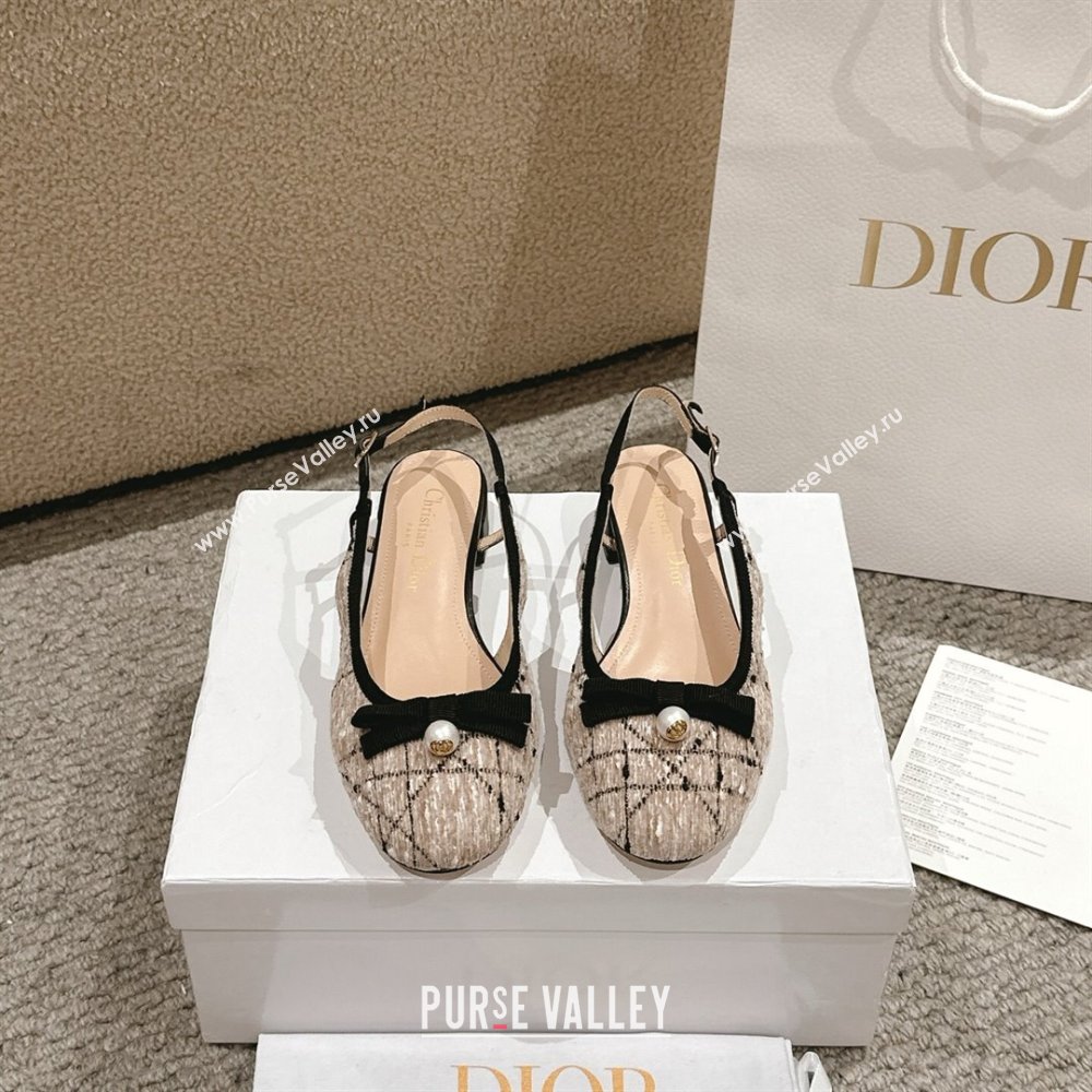 Dior Ballet Slingback Pumps 3cm in Cannage Tweed with Pearl Bow Beige/Black 2025 (MD-250822023)