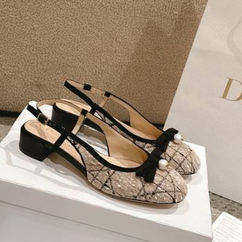 Dior Ballet Slingback Pumps 3cm in Cannage Tweed with Pearl Bow Beige/Black 2025 (MD-250822023)