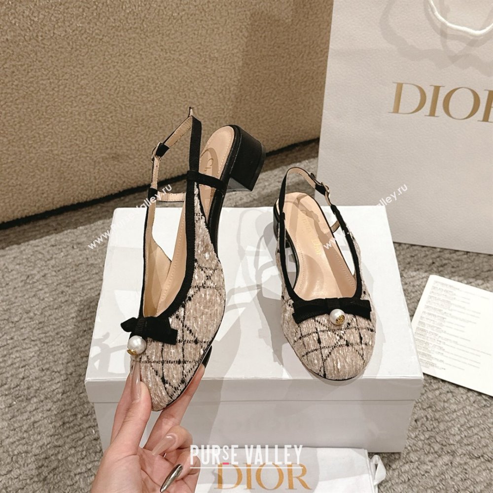 Dior Ballet Slingback Pumps 3cm in Cannage Tweed with Pearl Bow Beige/Black 2025 (MD-250822023)