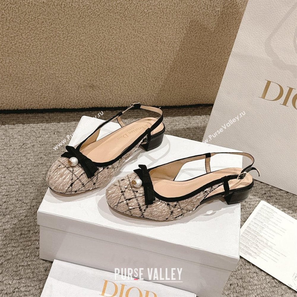 Dior Ballet Slingback Pumps 3cm in Cannage Tweed with Pearl Bow Beige/Black 2025 (MD-250822023)