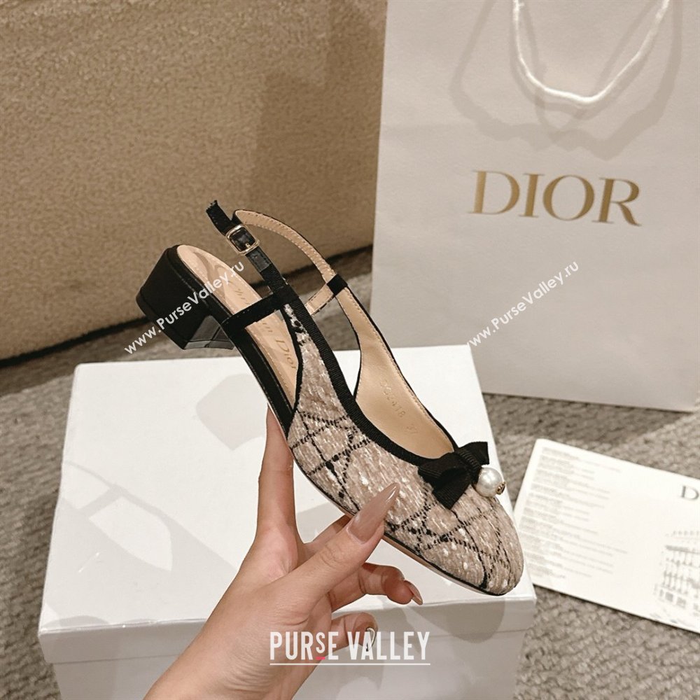 Dior Ballet Slingback Pumps 3cm in Cannage Tweed with Pearl Bow Beige/Black 2025 (MD-250822023)