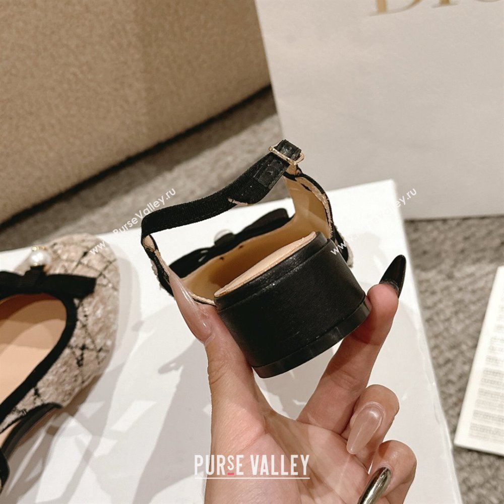 Dior Ballet Slingback Pumps 3cm in Cannage Tweed with Pearl Bow Beige/Black 2025 (MD-250822023)