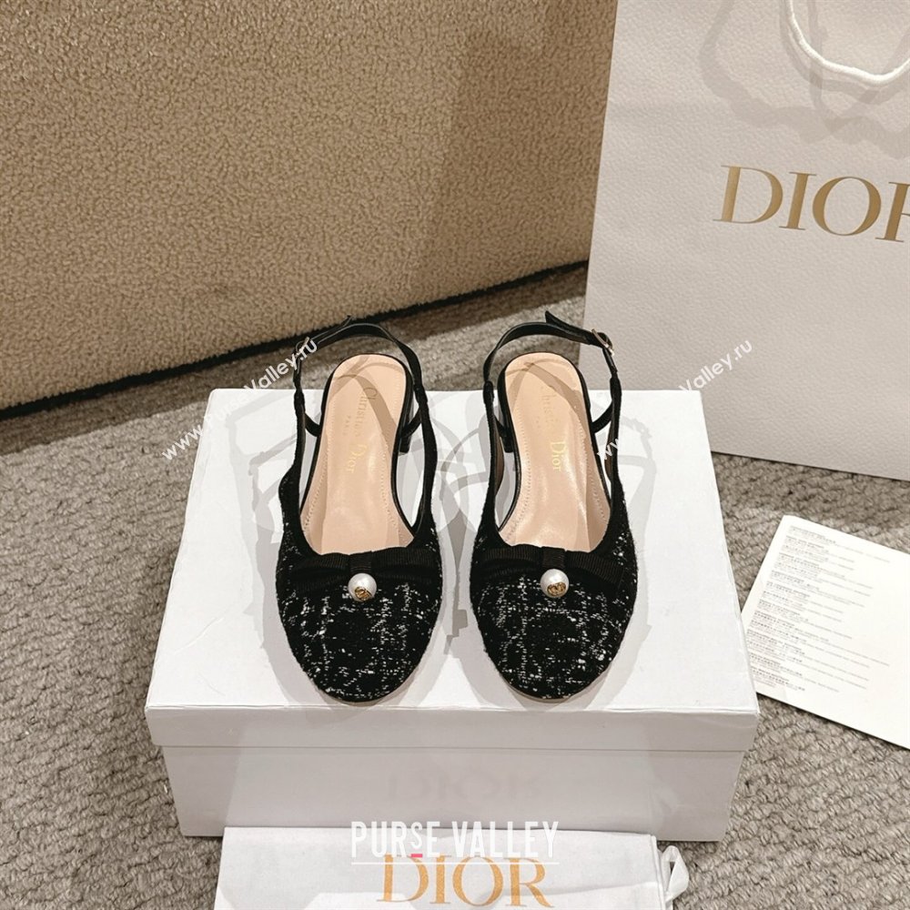 Dior Ballet Slingback Pumps 3cm in Quilted Cannage Tweed with Pearl Bow Black 2025 (MD-250822024)