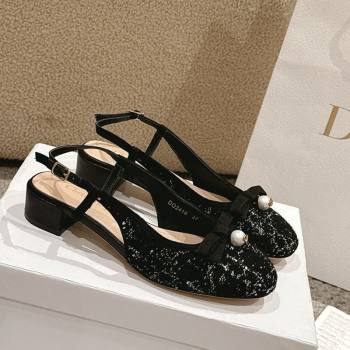 Dior Ballet Slingback Pumps 3cm in Quilted Cannage Tweed with Pearl Bow Black 2025 (MD-250822024)