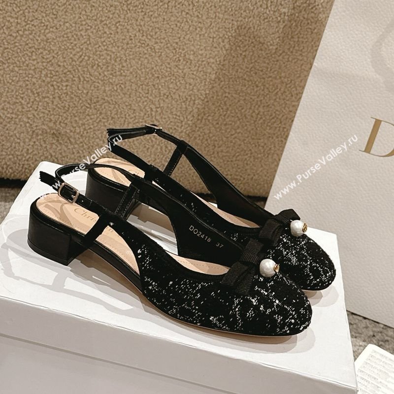 Dior Ballet Slingback Pumps 3cm in Quilted Cannage Tweed with Pearl Bow Black 2025 (MD-250822024)