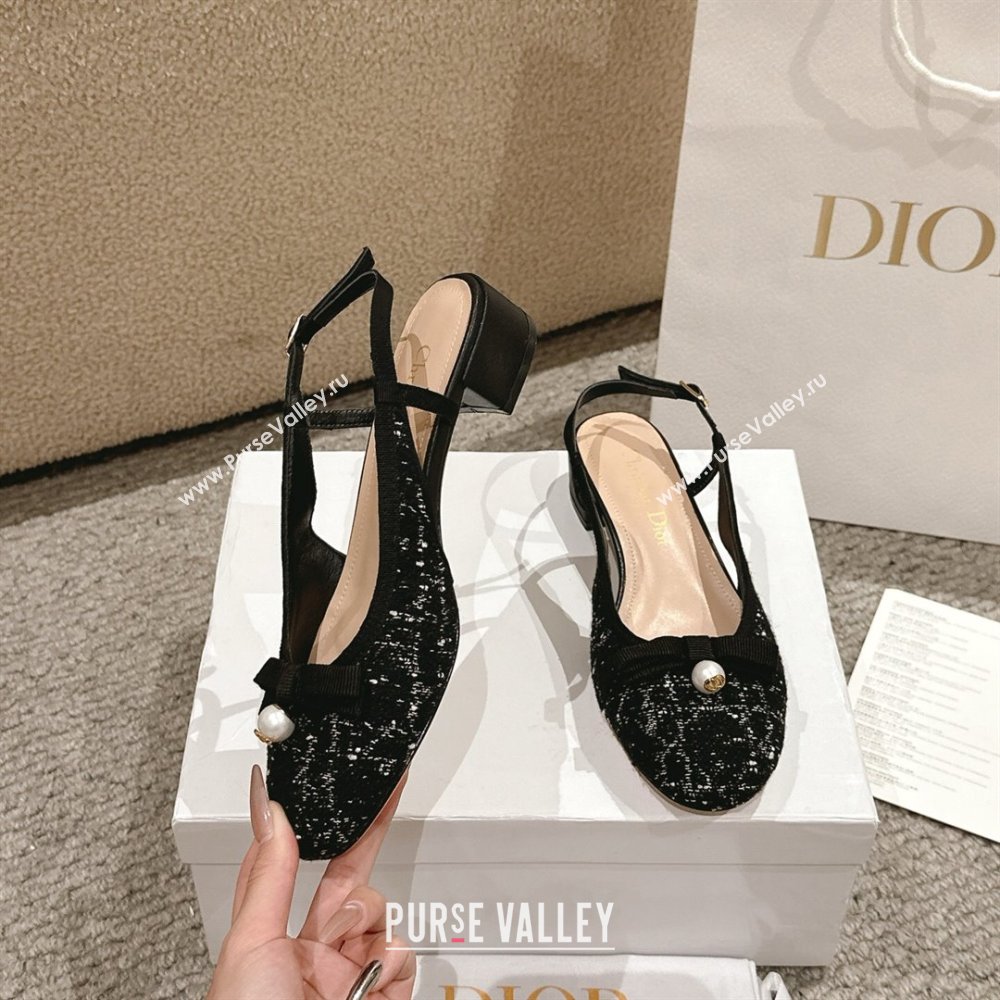 Dior Ballet Slingback Pumps 3cm in Quilted Cannage Tweed with Pearl Bow Black 2025 (MD-250822024)