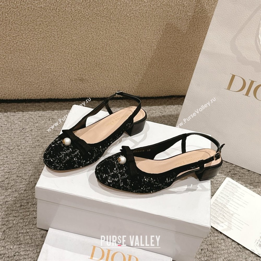 Dior Ballet Slingback Pumps 3cm in Quilted Cannage Tweed with Pearl Bow Black 2025 (MD-250822024)