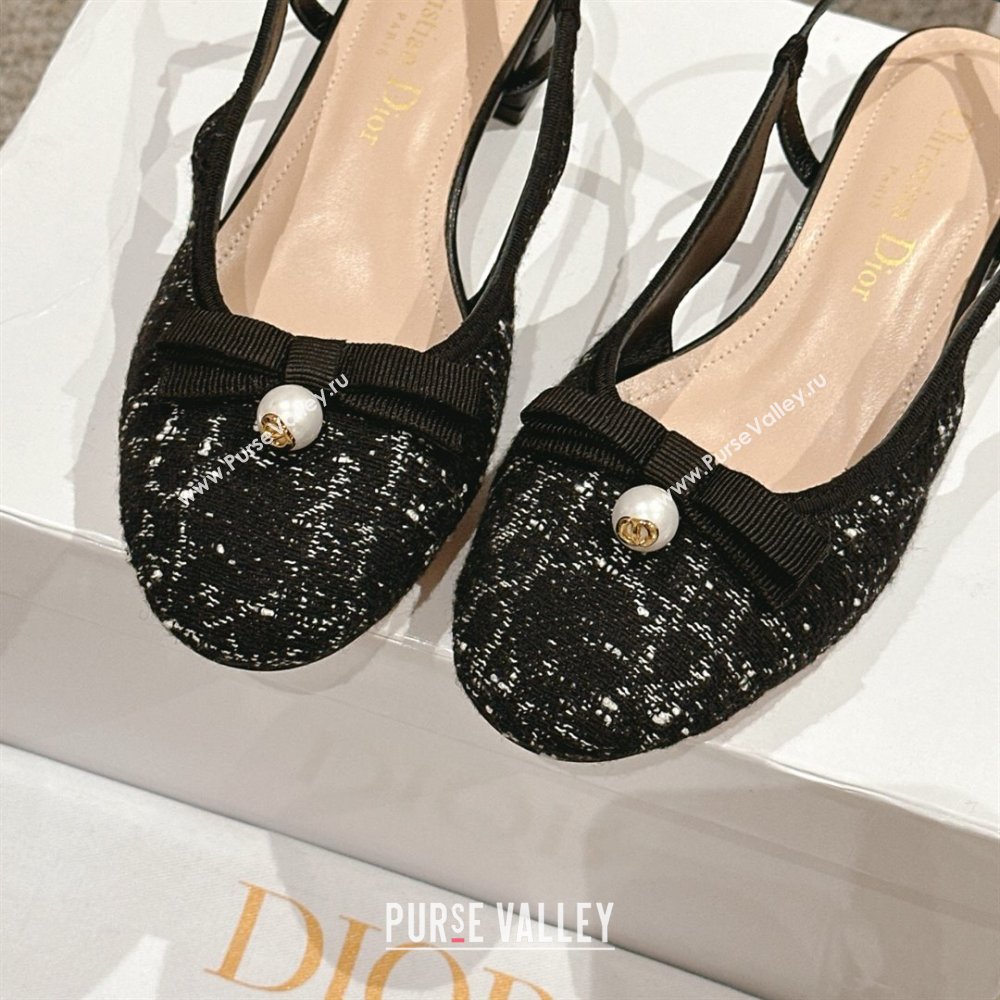 Dior Ballet Slingback Pumps 3cm in Quilted Cannage Tweed with Pearl Bow Black 2025 (MD-250822024)