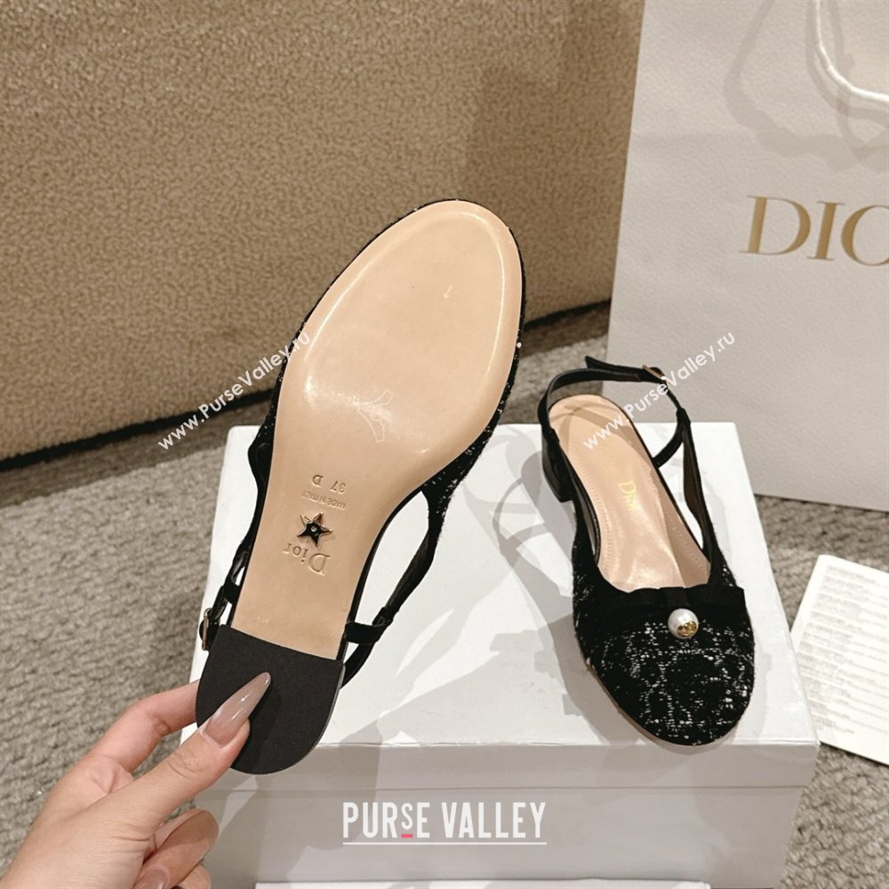 Dior Ballet Slingback Pumps 3cm in Quilted Cannage Tweed with Pearl Bow Black 2025 (MD-250822024)