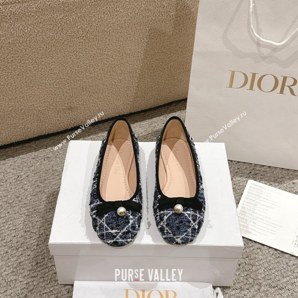 Dior Ballet Flats in Quilted Cannage Tweed with Pearl Bow Blue 2025 0822 (MD-250822025)