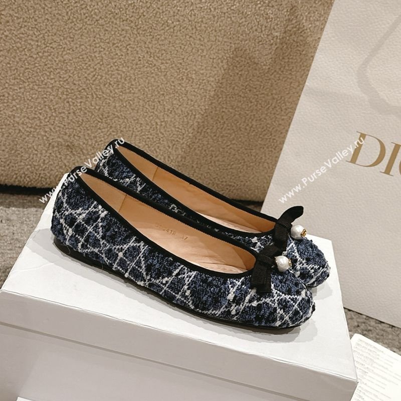 Dior Ballet Flats in Quilted Cannage Tweed with Pearl Bow Blue 2025 0822 (MD-250822025)