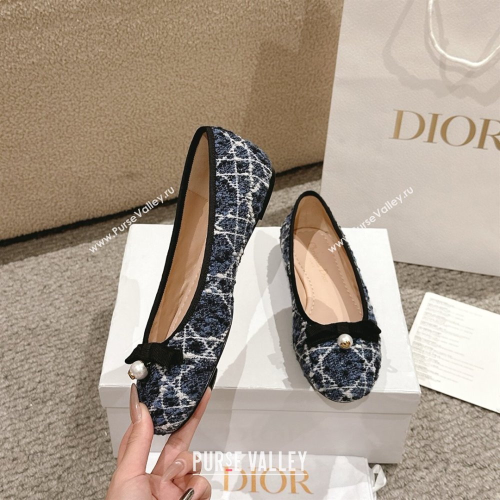 Dior Ballet Flats in Quilted Cannage Tweed with Pearl Bow Blue 2025 0822 (MD-250822025)