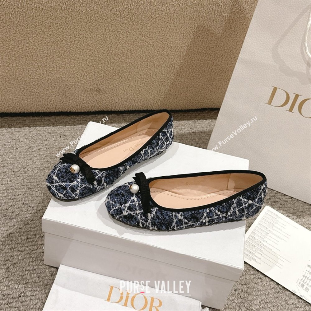 Dior Ballet Flats in Quilted Cannage Tweed with Pearl Bow Blue 2025 0822 (MD-250822025)