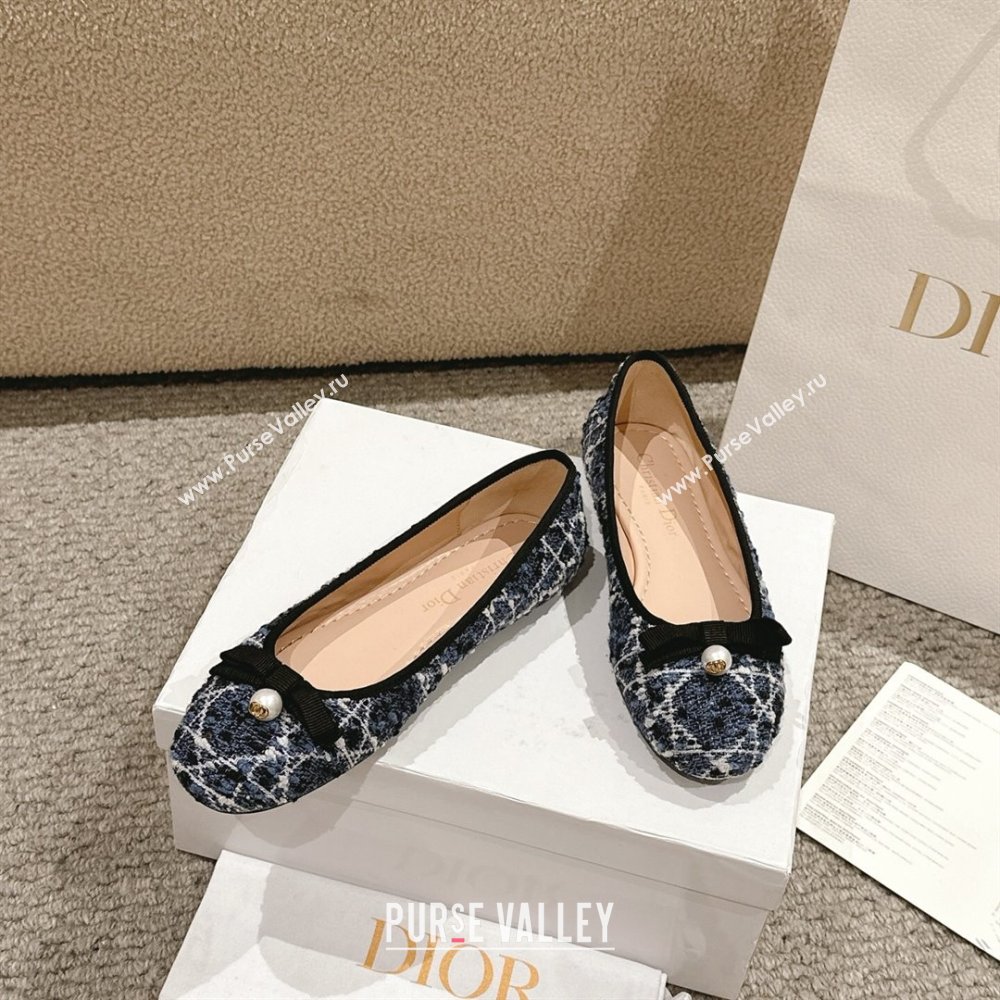 Dior Ballet Flats in Quilted Cannage Tweed with Pearl Bow Blue 2025 0822 (MD-250822025)