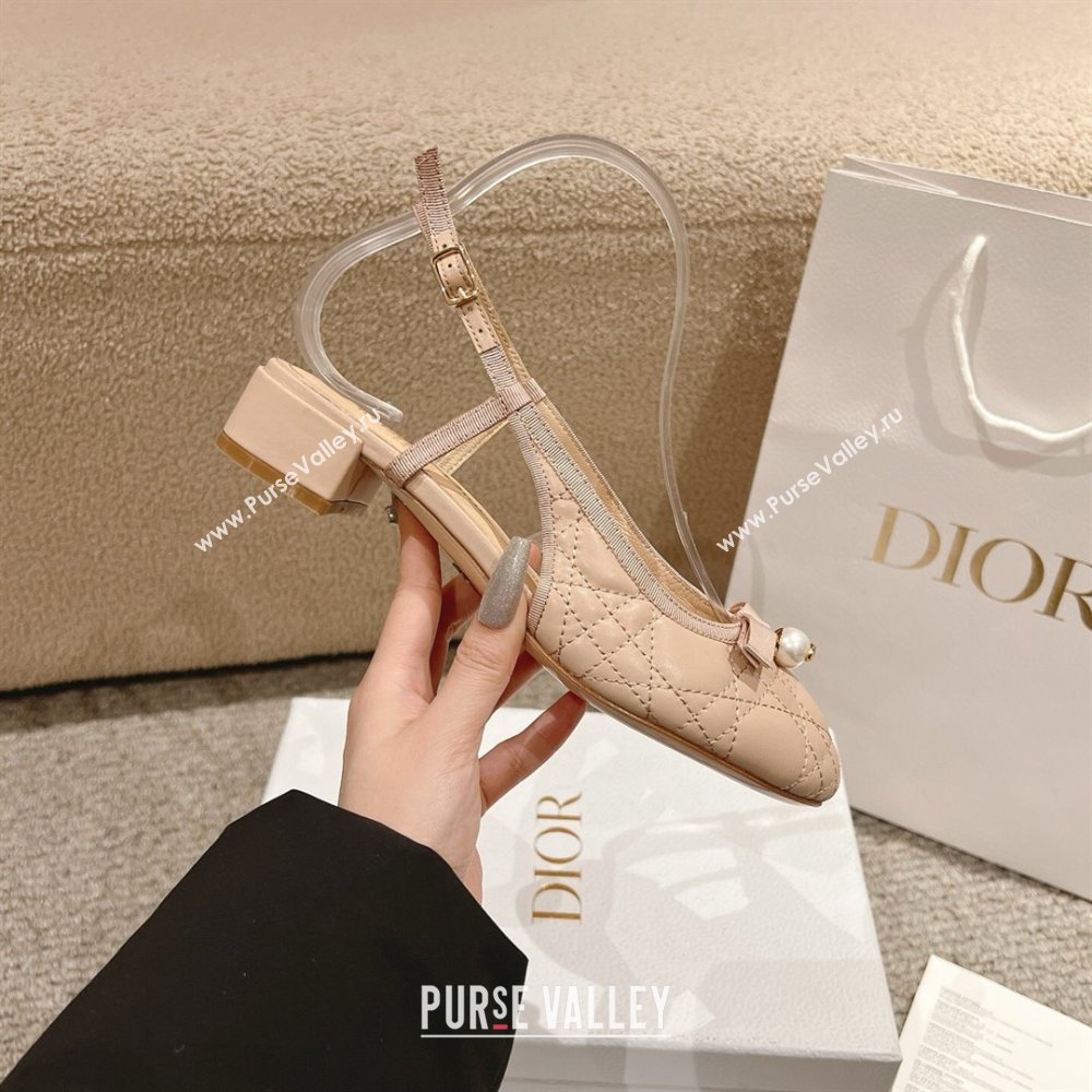 Dior Ballet Slingback Pumps 3cm in Quilted Cannage Calfskin with Pearl Bow Nude 2025 (MD-250822018)