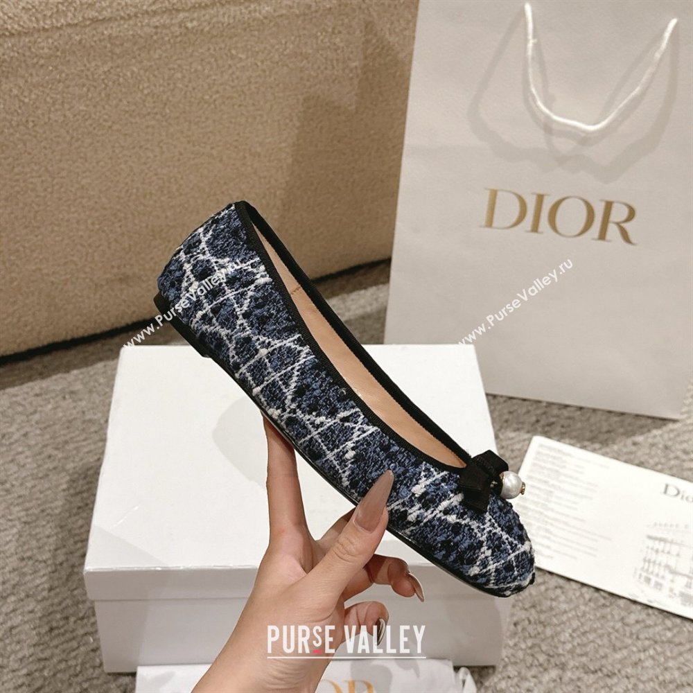 Dior Ballet Flats in Quilted Cannage Tweed with Pearl Bow Blue 2025 0822 (MD-250822025)
