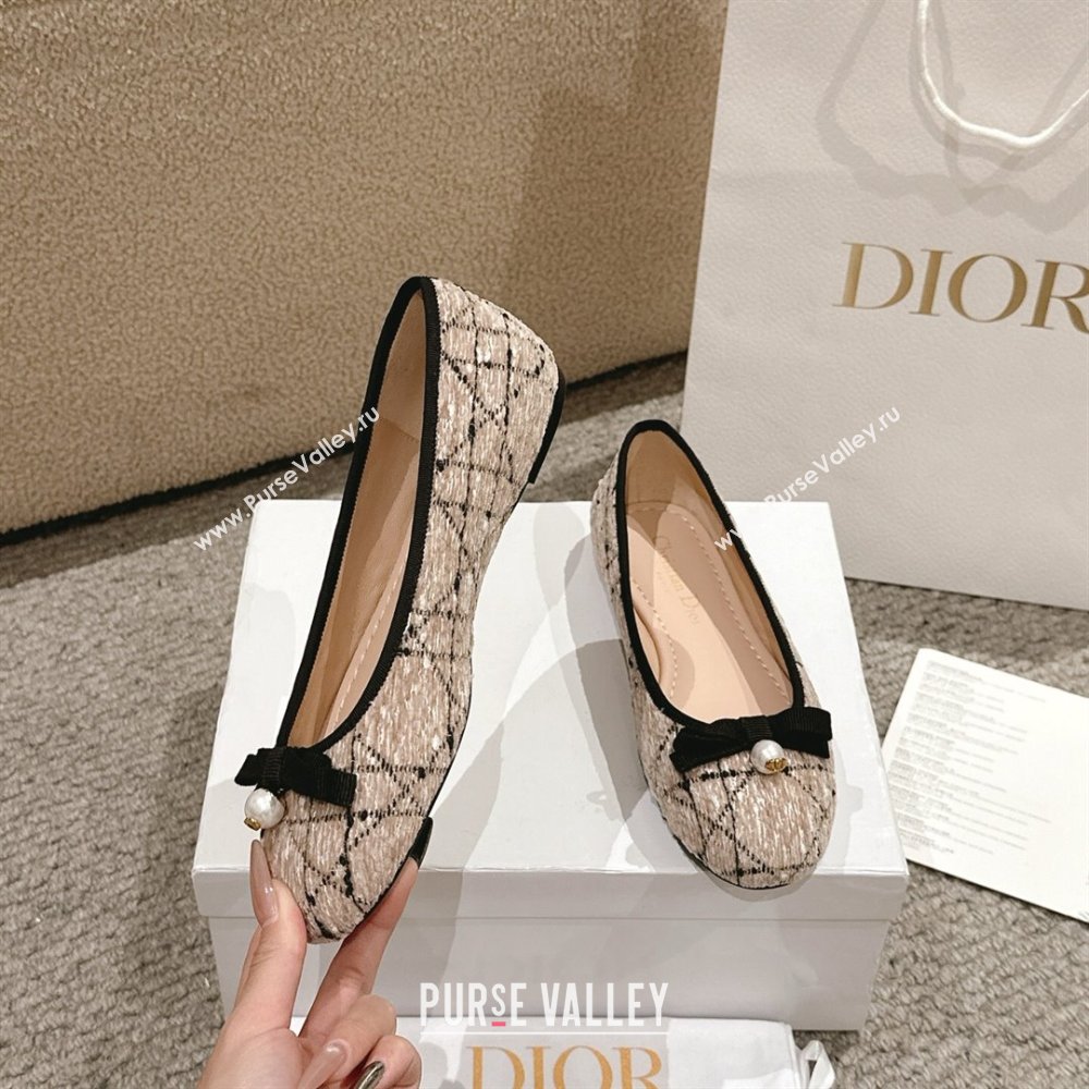 Dior Ballet Flats in Quilted Cannage Tweed with Pearl Bow Beige 2025 0822 (MD-250822026)