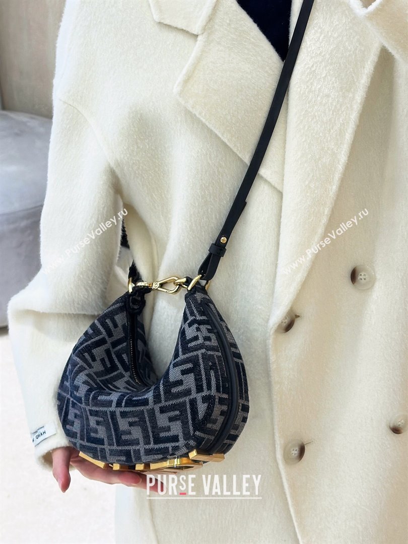 Fendi Fendigraphy Mini Hobo Bag in FF Chenille Fabric Blue 2025 8657 (CL-250210035)