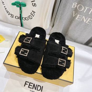 Fendi Feel Flat Slides Sandals in Suede and Shearling Black 2024 0930 (MD-240930112)