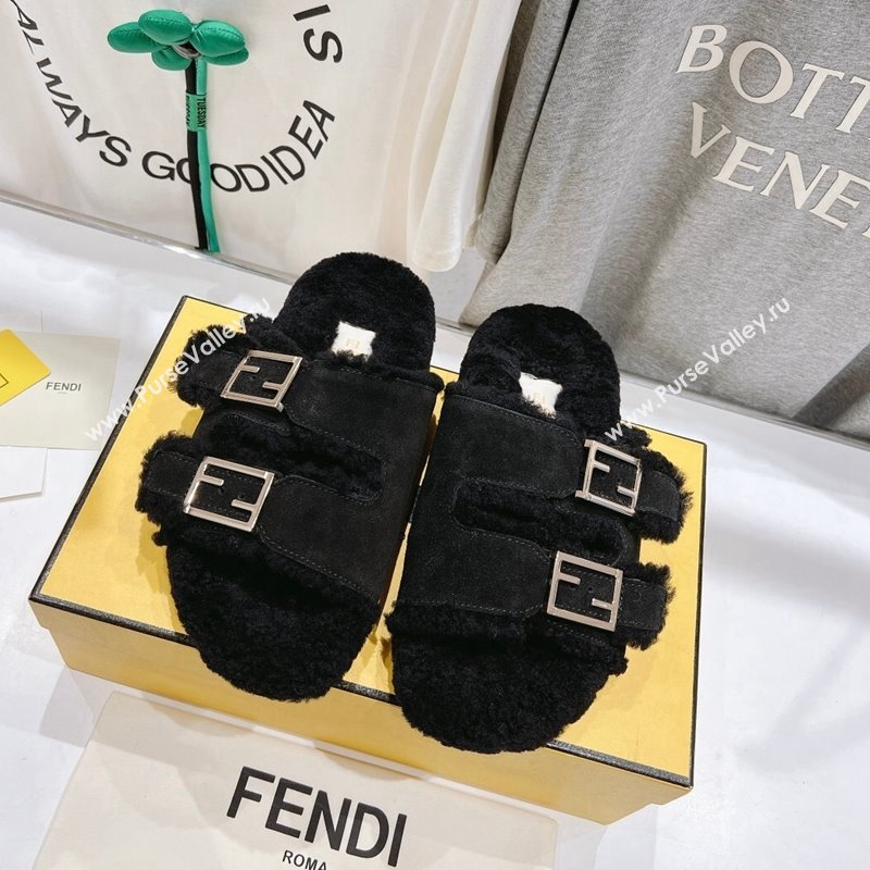 Fendi Feel Flat Slides Sandals in Suede and Shearling Black 2024 0930 (MD-240930112)