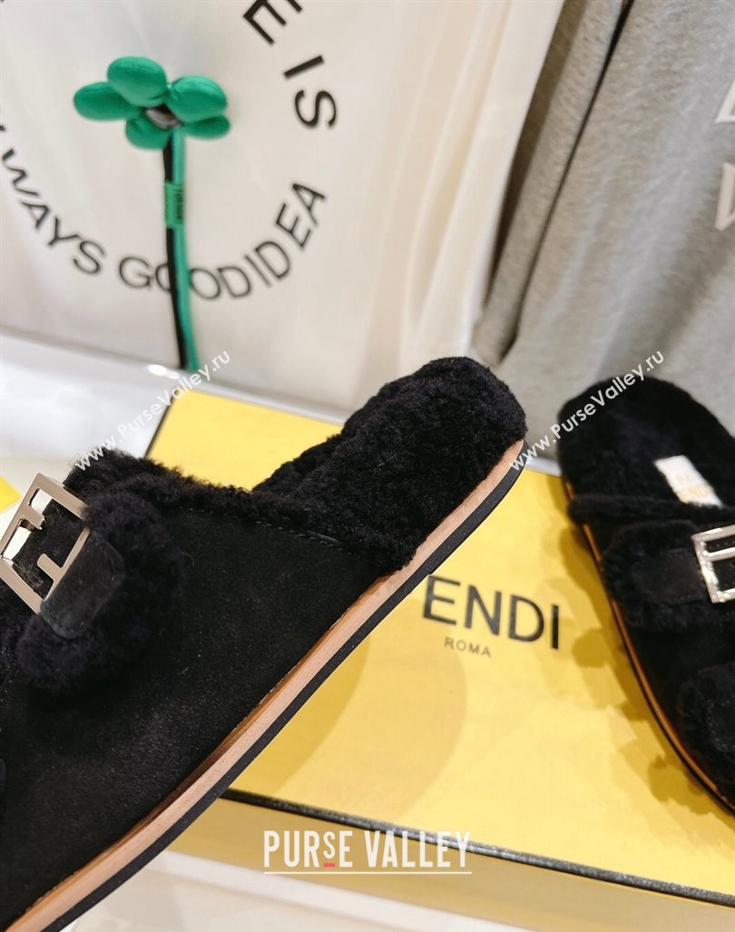 Fendi Feel Flat Slides Sandals in Suede and Shearling Black 2024 0930 (MD-240930112)