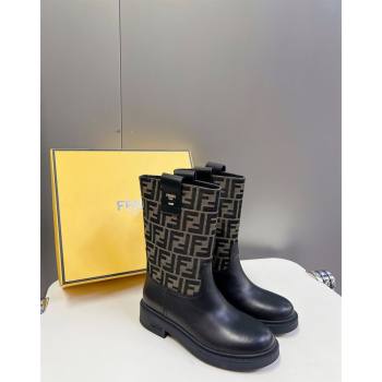 Fendi Filo Medium Boots 3.5cm in FF fabric and Leather Black/Brown 2024 (MD-240930086)