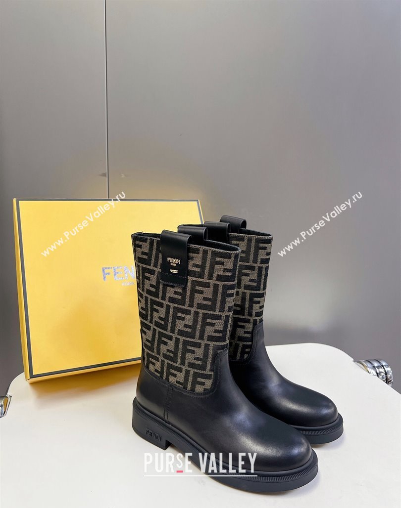 Fendi Filo Medium Boots 3.5cm in FF fabric and Leather Black/Brown 2024 (MD-240930086)