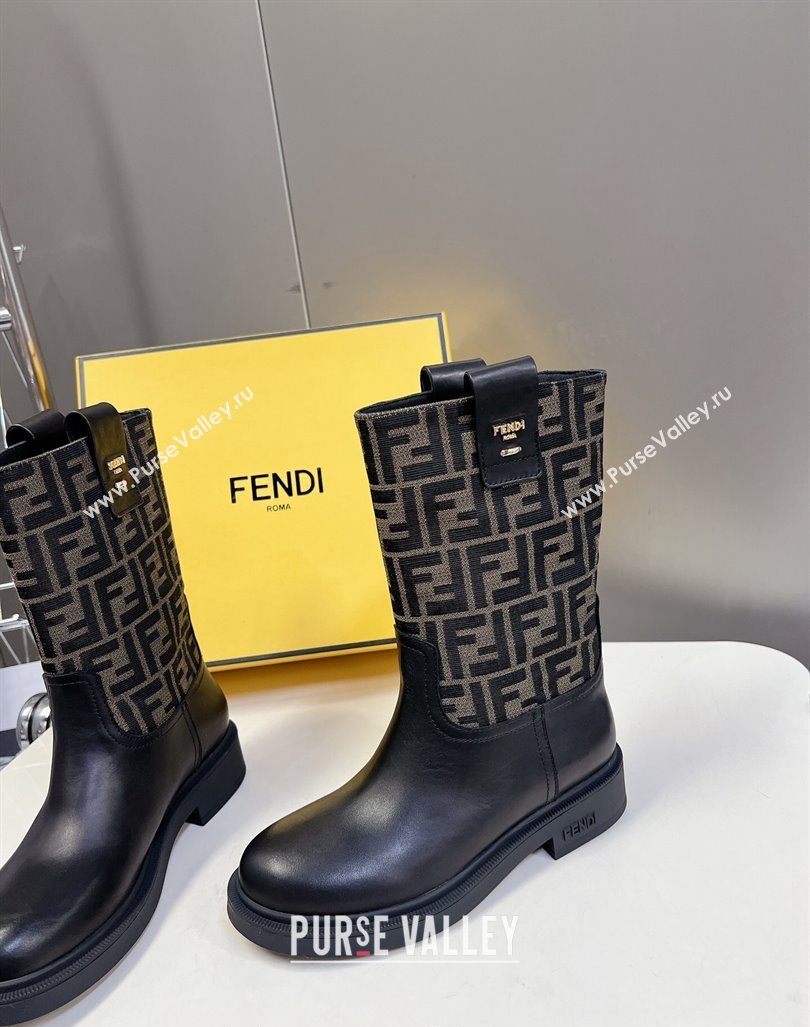 Fendi Filo Medium Boots 3.5cm in FF fabric and Leather Black/Brown 2024 (MD-240930086)