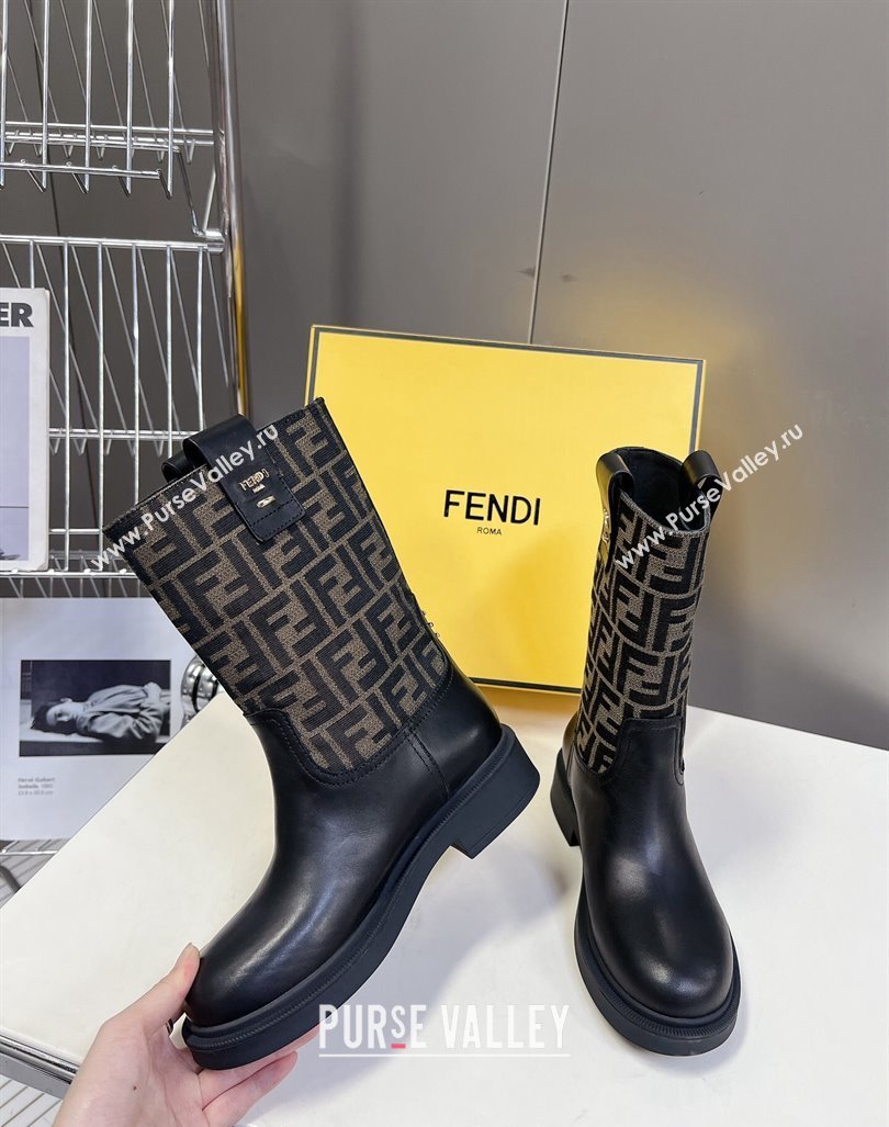 Fendi Filo Medium Boots 3.5cm in FF fabric and Leather Black/Brown 2024 (MD-240930086)