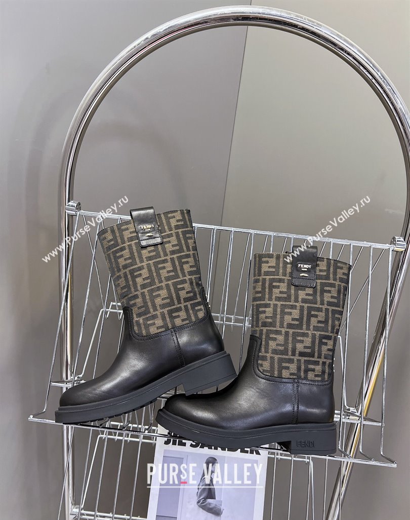 Fendi Filo Medium Boots 3.5cm in FF fabric and Leather Black/Brown 2024 (MD-240930086)