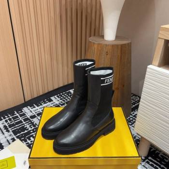 Fendi Rockoko Ankle Short Boots 3cm in Leather and Knit Black/White 2024 0930 (MD-240930097)